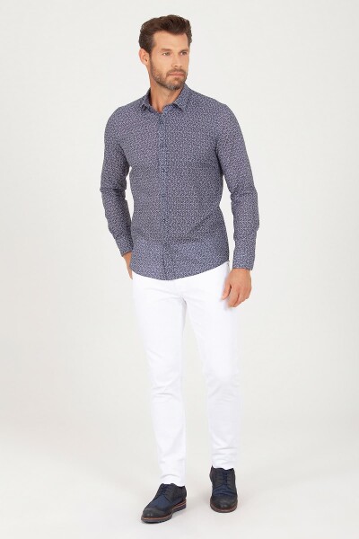 Lacivert Slim Fit Baskılı 100% Pamuk Uzun Kol Spor Gömlek - 2