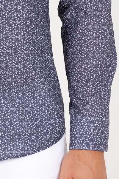 Lacivert Slim Fit Baskılı 100% Pamuk Uzun Kol Spor Gömlek - 5