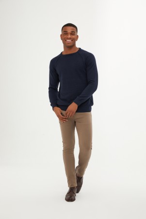 Lacivert Slim Fit Desenli Pamuklu Bisiklet Yaka Triko Kazak - 3