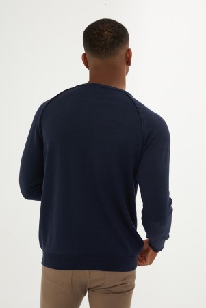 Lacivert Slim Fit Desenli Pamuklu Bisiklet Yaka Triko Kazak - 8