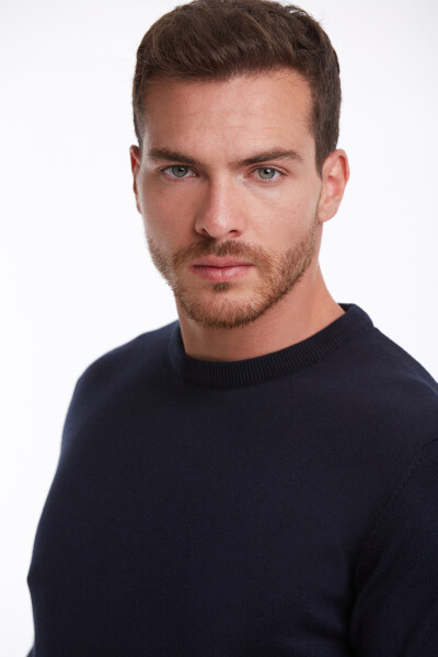 Lacivert Regular Fit Bisiklet Yaka 100% Pamuklu Triko Kazak - 5