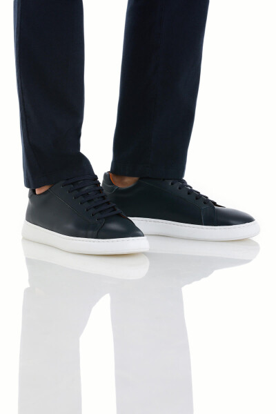 Lacivert Casual Bağcıklı Deri Sneakers - 2