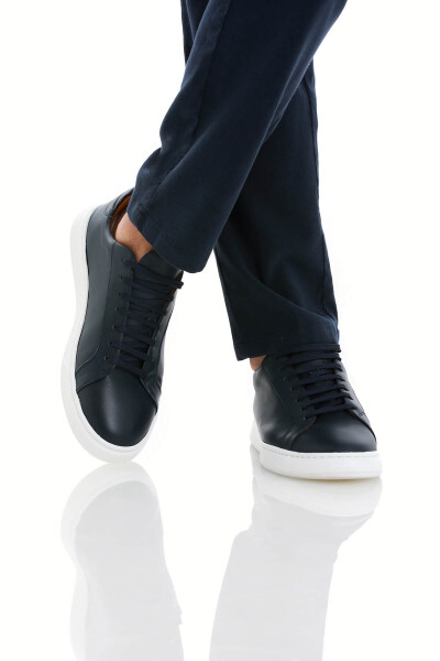 Lacivert Casual Bağcıklı Deri Sneakers - 4