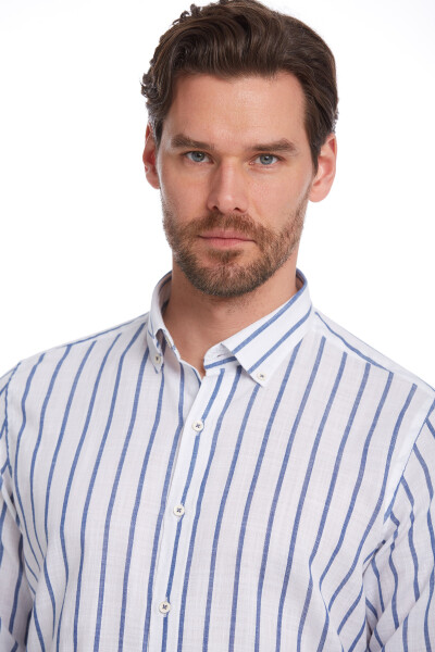 Lacivert Comfort Fit Çizgili 100% Pamuk Düğmeli Yaka Uzun Kollu Casual Gömlek - 8