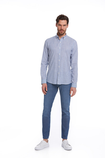 Lacivert Comfort Fit Çizgili 100% Pamuk Düğmeli Yaka Uzun Kollu Casual Gömlek - 3