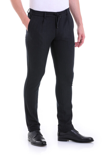 Lacivert Slim Fit Çizgili Yandan Cep Jogger Flanel Pantolon - 4