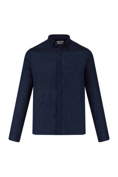 Lacivert Comfort Fit 100% Keten Düğmeli Yaka Uzun Kollu Keten Gömlek - 1