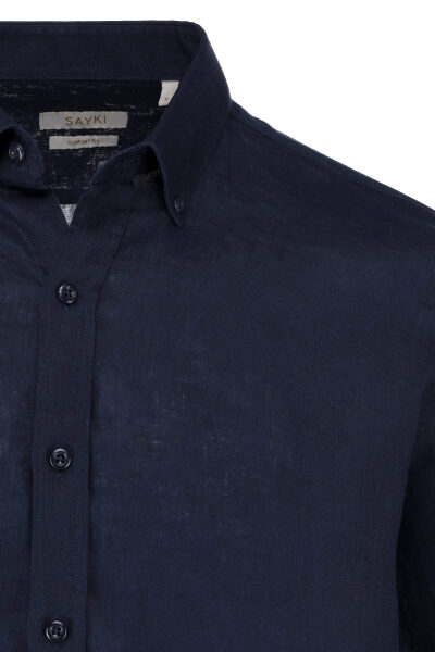 Lacivert Comfort Fit 100% Keten Düğmeli Yaka Uzun Kollu Keten Gömlek - 2