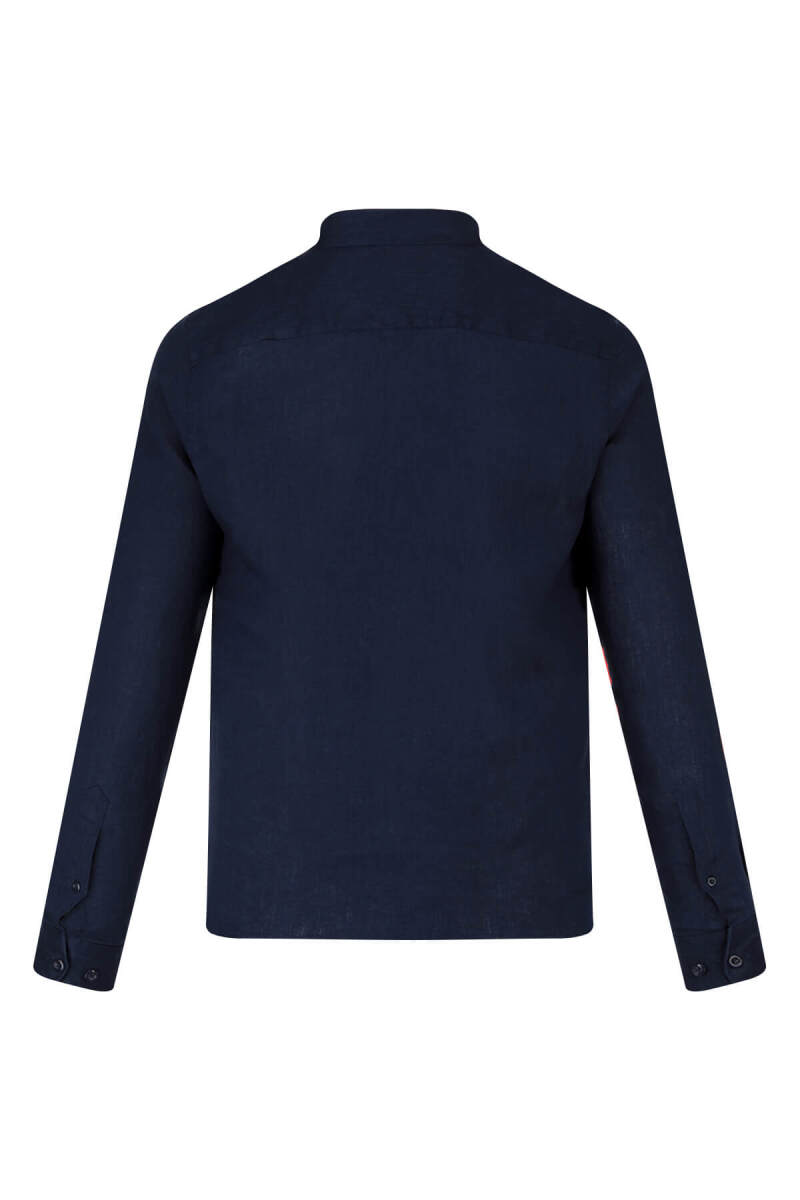 Lacivert Comfort Fit 100% Keten Düğmeli Yaka Uzun Kollu Keten Gömlek - Saykı (1)