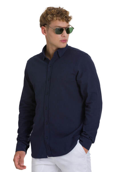 Lacivert Comfort Fit 100% Pamuk Gizli Düğmeli Yaka Uzun Kollu Pamuklu Gömlek - Saykı
