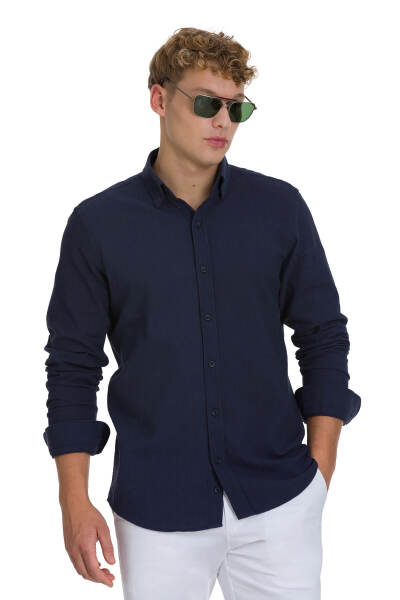 Lacivert Comfort Fit 100% Pamuk Gizli Düğmeli Yaka Uzun Kollu Pamuklu Gömlek - 3