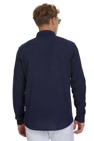 Lacivert Comfort Fit 100% Pamuk Gizli Düğmeli Yaka Uzun Kollu Pamuklu Gömlek - 5