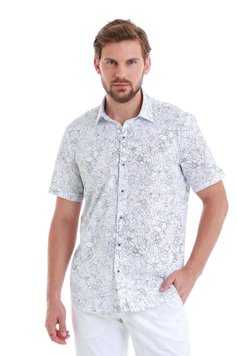 Lacivert Comfort Fit Baskılı 100% Pamuk Slim Yaka Kısa Kollu Gömlek - Hatem Saykı