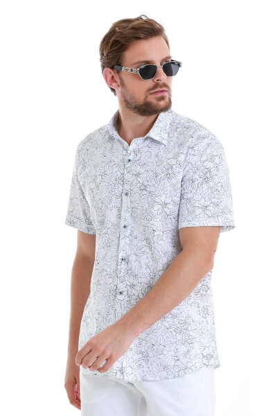 Lacivert Comfort Fit Baskılı 100% Pamuk Slim Yaka Kısa Kollu Gömlek - 5