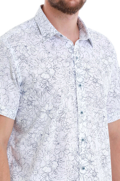 Lacivert Comfort Fit Baskılı 100% Pamuk Slim Yaka Kısa Kollu Gömlek - 6