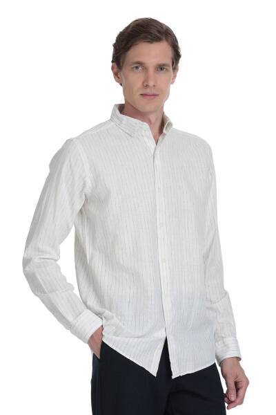 Lacivert Comfort Fit Çizgili Düğmeli Yaka Pamuk-Keten Uzun Kollu Gömlek - 1