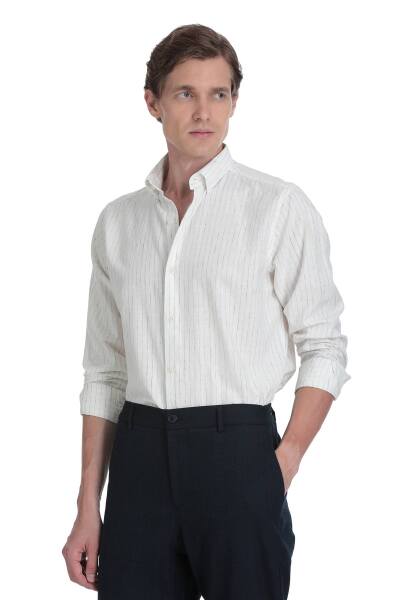 Lacivert Comfort Fit Çizgili Düğmeli Yaka Pamuk-Keten Uzun Kollu Gömlek - 4