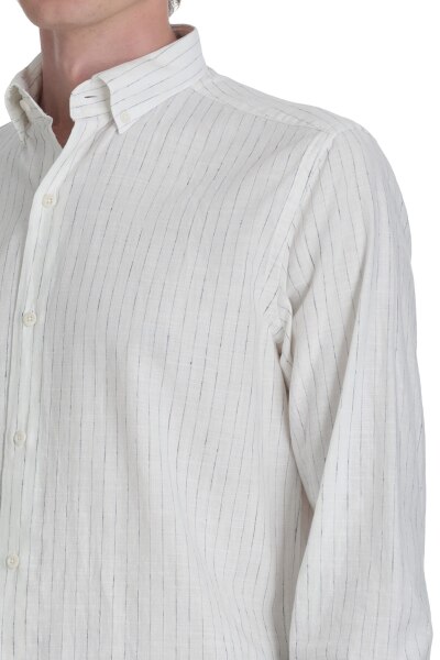 Lacivert Comfort Fit Çizgili Düğmeli Yaka Pamuk-Keten Uzun Kollu Gömlek - 5