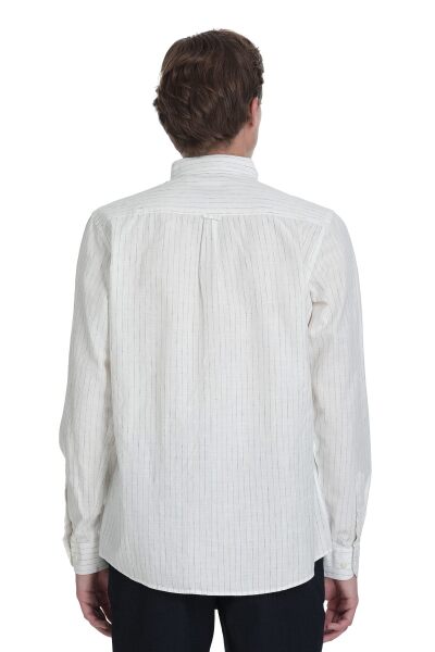 Lacivert Comfort Fit Çizgili Düğmeli Yaka Pamuk-Keten Uzun Kollu Gömlek - 6