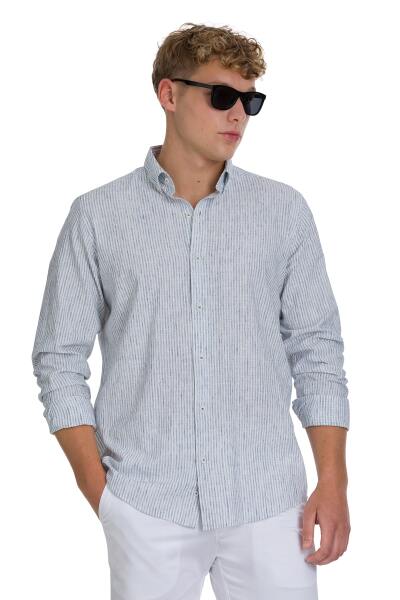 Lacivert Comfort Fit Çizgili Düğmeli Yaka Pamuk-Keten Uzun Kollu Gömlek - 1