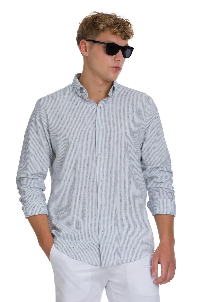 Lacivert Comfort Fit Çizgili Düğmeli Yaka Pamuk-Keten Uzun Kollu Gömlek - Saykı