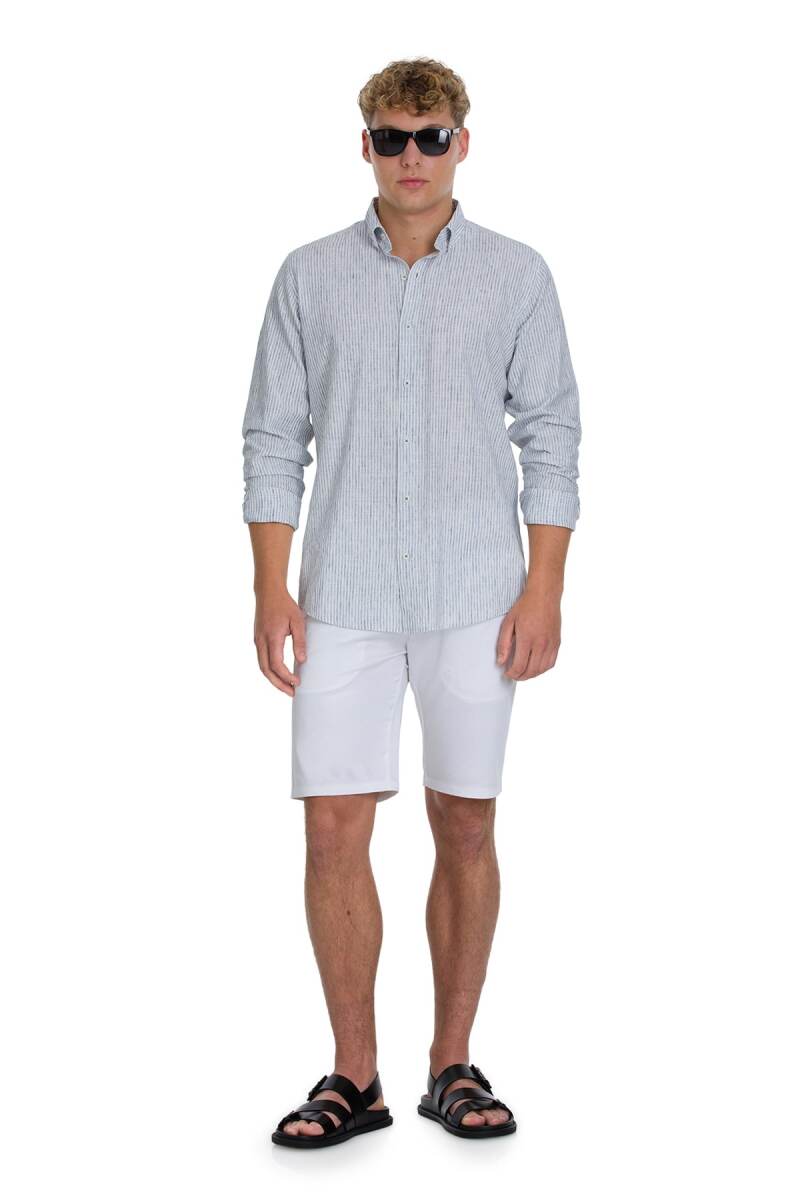 Lacivert Comfort Fit Çizgili Düğmeli Yaka Pamuk-Keten Uzun Kollu Gömlek - Saykı (1)