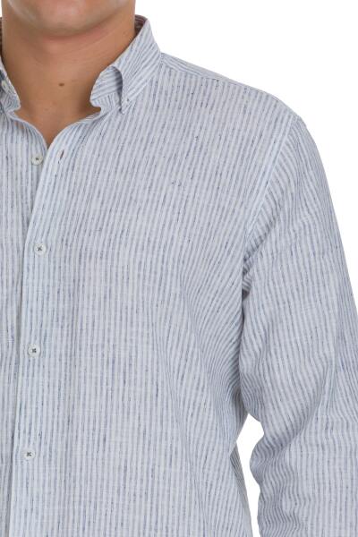 Lacivert Comfort Fit Çizgili Düğmeli Yaka Pamuk-Keten Uzun Kollu Gömlek - 3