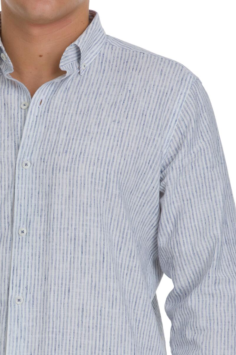 Lacivert Comfort Fit Çizgili Düğmeli Yaka Pamuk-Keten Uzun Kollu Gömlek - Saykı (1)