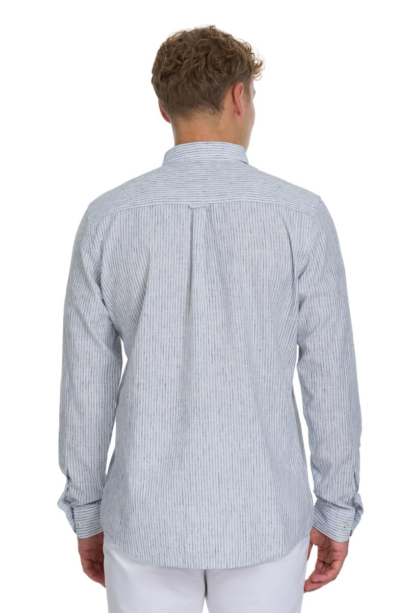 Lacivert Comfort Fit Çizgili Düğmeli Yaka Pamuk-Keten Uzun Kollu Gömlek - Saykı (1)