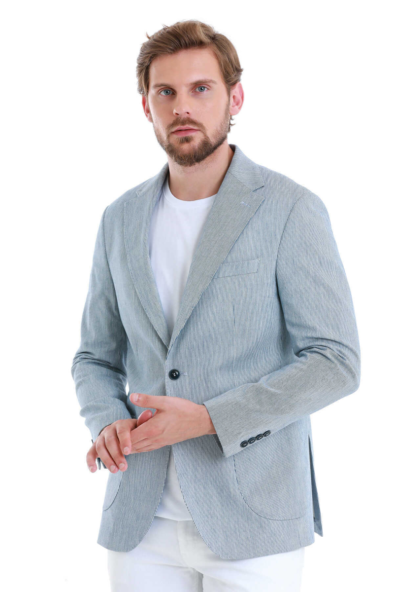 Lacivert Comfort Fit Çizgili Mono Yaka Klasik Ceket - Hatem Saykı