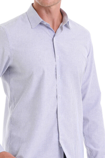 Lacivert Comfort Fit Çizgili Pamuklu Slim Yaka Uzun Kollu Casual Gömlek - 4