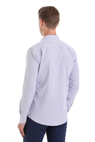Lacivert Comfort Fit Çizgili Pamuklu Slim Yaka Uzun Kollu Casual Gömlek - 6