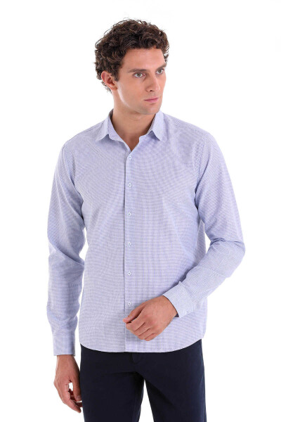 Lacivert Comfort Fit Çizgili Pamuklu Slim Yaka Uzun Kollu Casual Gömlek - 2