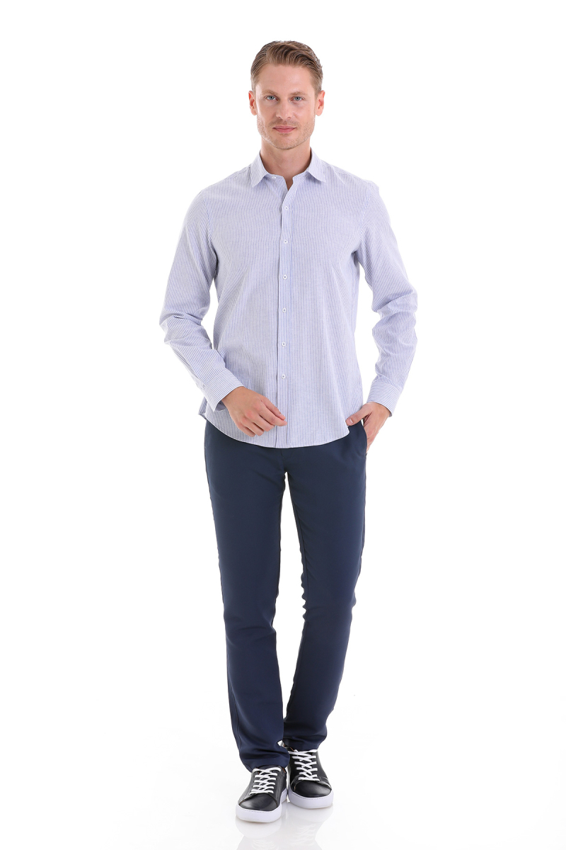 Lacivert Comfort Fit Çizgili Pamuklu Slim Yaka Uzun Kollu Spor Gömlek - Hatemoğlu (1)