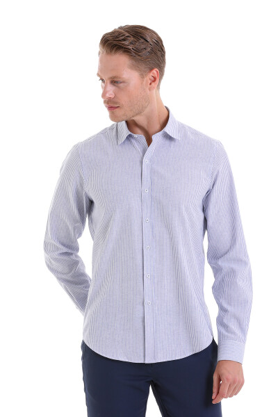 Lacivert Comfort Fit Çizgili Pamuklu Slim Yaka Uzun Kollu Spor Gömlek - 3