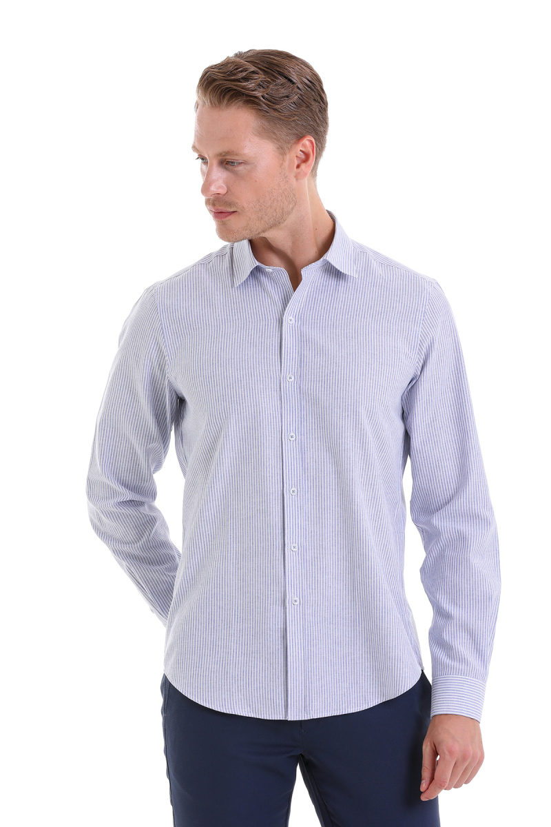 Lacivert Comfort Fit Çizgili Pamuklu Slim Yaka Uzun Kollu Spor Gömlek - Hatemoğlu (1)