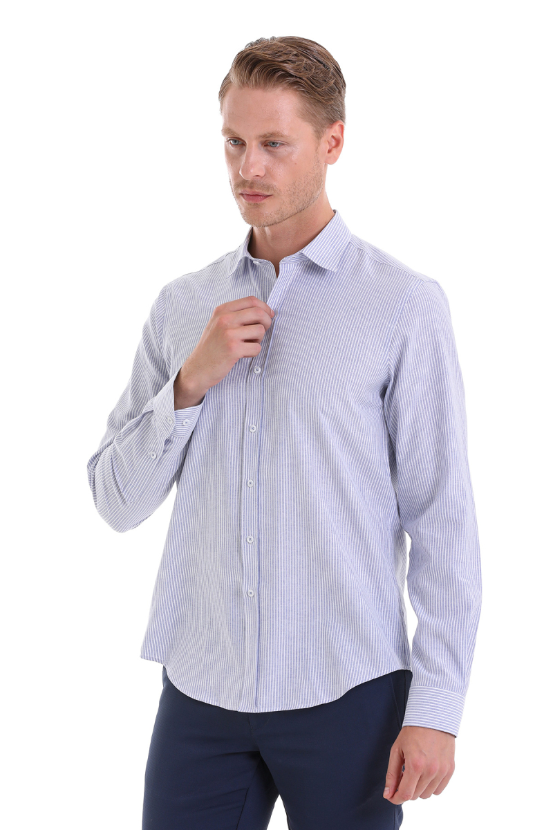 Lacivert Comfort Fit Çizgili Pamuklu Slim Yaka Uzun Kollu Spor Gömlek - Hatemoğlu (1)