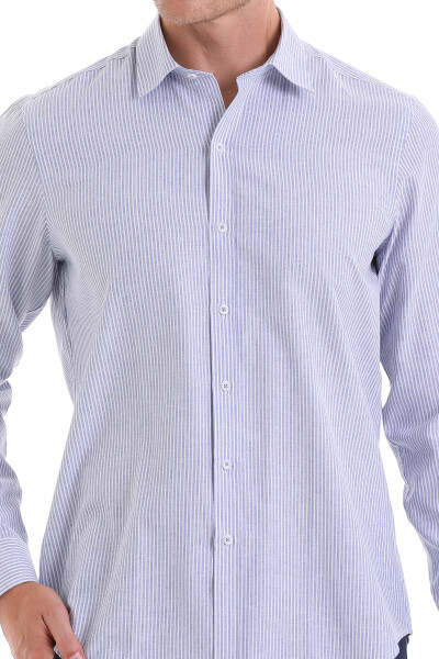 Lacivert Comfort Fit Çizgili Pamuklu Slim Yaka Uzun Kollu Spor Gömlek - 5