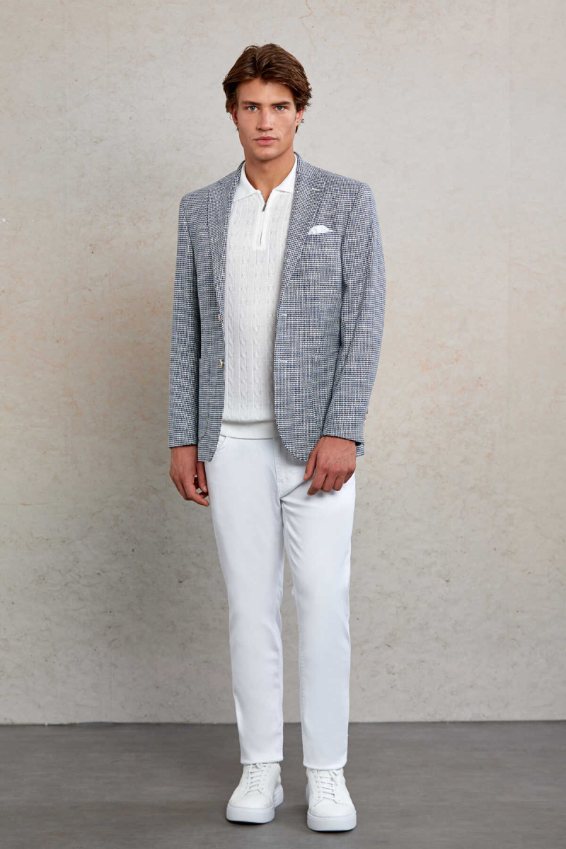 Lacivert Comfort Fit Desenli Mono Yaka Casual Ceket - Hatem Saykı (1)