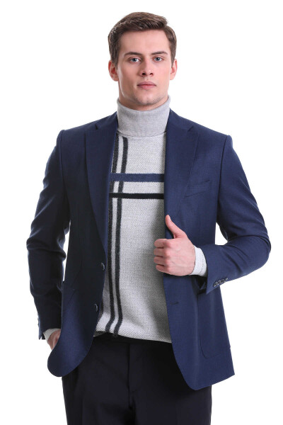 Lacivert Comfort Fit Mono Yaka Klasik Ceket - 4