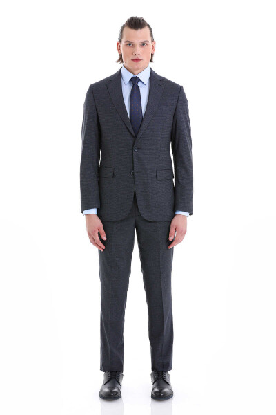 Lacivert Comfort Fit Desenli Mono Yaka Klasik Takım Elbise - 1