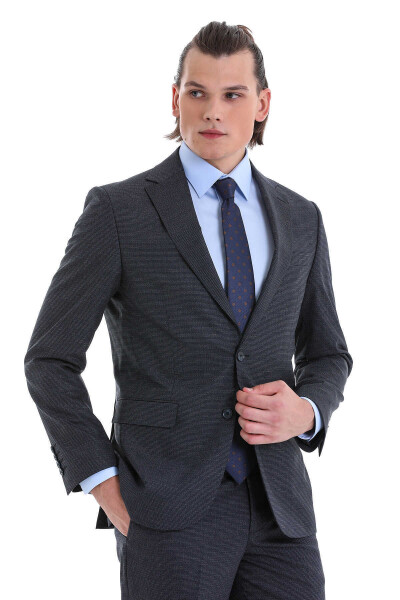 Lacivert Comfort Fit Desenli Mono Yaka Klasik Takım Elbise - 4