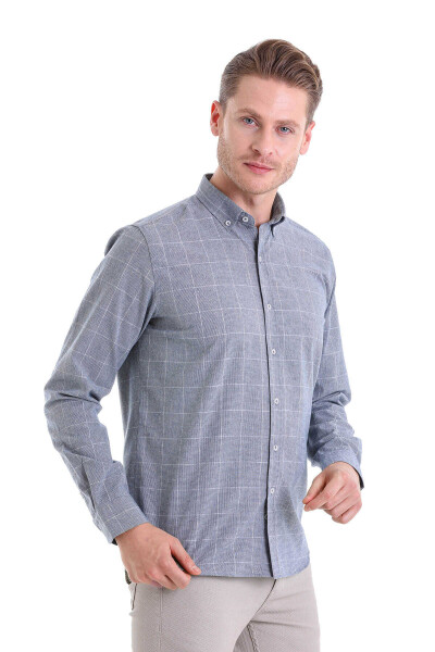 Lacivert Comfort Fit Desenli Düğmeli Yaka Uzun Kollu Casual Flanel Gömlek - 2