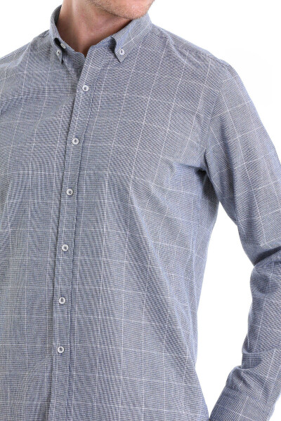 Lacivert Comfort Fit Desenli Düğmeli Yaka Uzun Kollu Casual Flanel Gömlek - 4