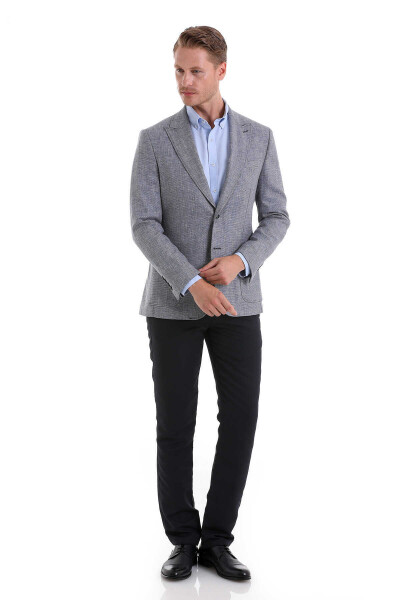 Gri Comfort Fit Desenli Sivri Yaka Casual Keten Ceket - 2