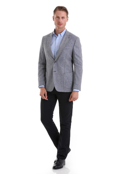 Gri Comfort Fit Desenli Sivri Yaka Casual Keten Ceket - 3