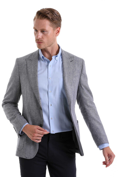 Gri Comfort Fit Desenli Sivri Yaka Casual Keten Ceket - 4