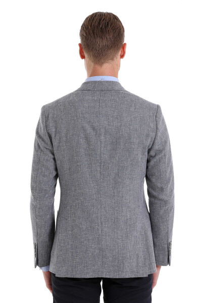 Gri Comfort Fit Desenli Sivri Yaka Casual Keten Ceket - 7