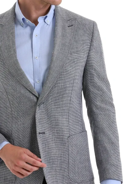 Gri Comfort Fit Desenli Sivri Yaka Casual Keten Ceket - 5