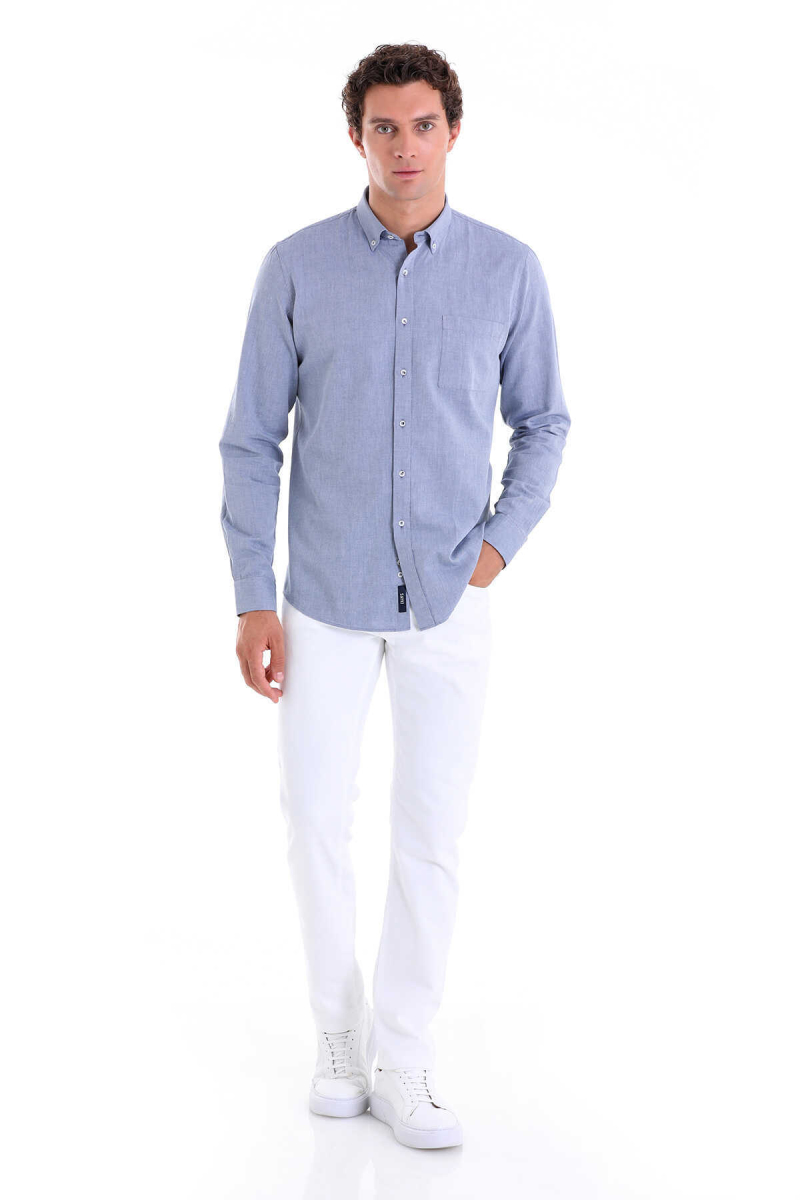 Lacivert Comfort Fit 100% Pamuk Düğmeli Yaka Uzun Kollu Casual Oxford Gömlek - Hatem Saykı (1)